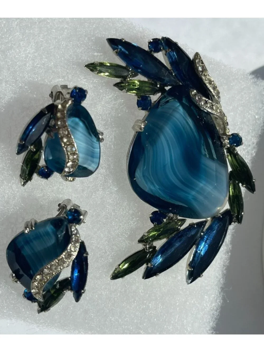 Vtg Blue Glass Givre & Navette Open Back Stones Rhinestone Brooch & Clip-On Earr